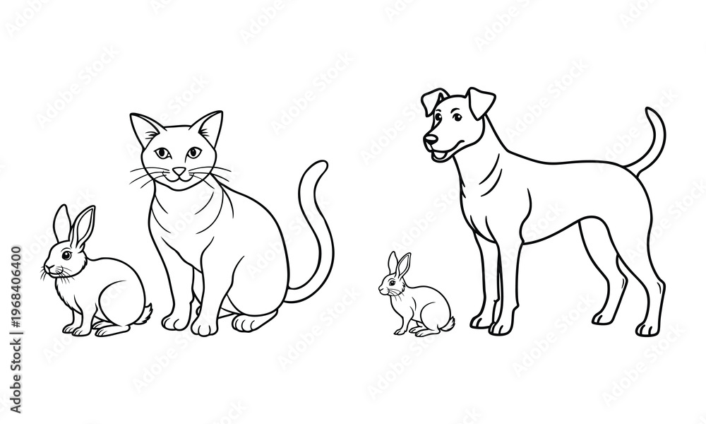 Fototapeta premium A line art illustration of a cat and two rabbits, one large dog and one small dog.