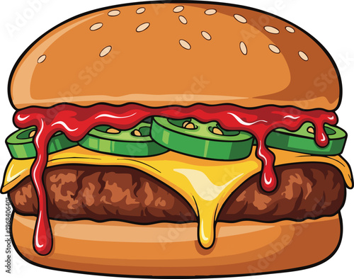 Delicious Spicy Jalapeno Cheeseburger with Melted Cheese and Ketchup.