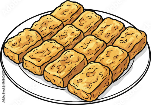 Plate of Delicious Golden Brown Fried Tofu Cubes.