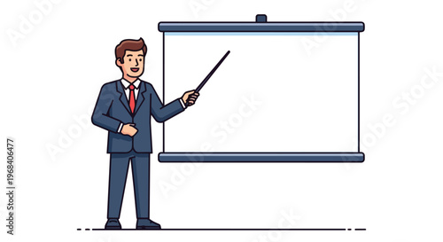 Animated businessman confidently presents information using a pointer against a blank projection screen