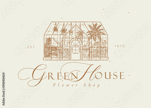 Greenhouse label with text flower shop drawing in graphic art style with beige on light background