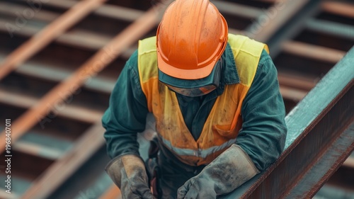 Construction worker wearing safety helmet and reflective vest working on steel structure at industrial site, focusing on precision and safety in heavy engineering environment with blurred background