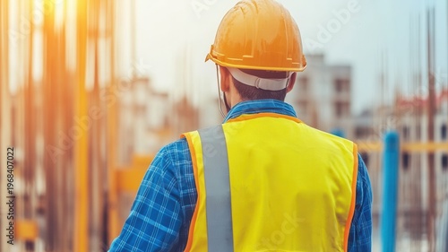 Construction supervisor wearing helmet and reflective vest standing at building site, overseeing project progress with blurred background representing urban development and engineering management