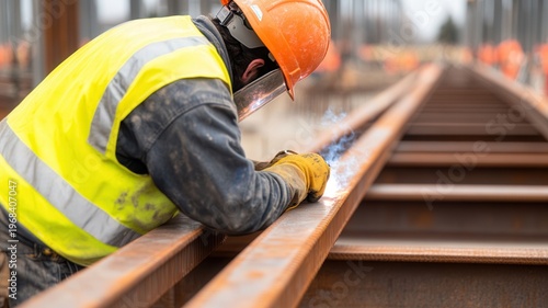 Worker welding steel rails at construction site with sparks and smoke, focusing on precision metal joining process and industrial safety practices in infrastructure development environment