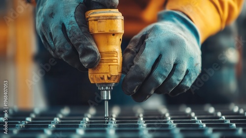 Close up of worker using electric drill on metal surface with protective gloves. Industrial manufacturing and construction concept showing precision work, engineering tools, and professional labor env