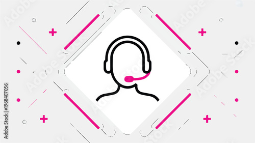 Customer support hotline operator icon with headset and microphone on white background with pink and black geometric shapes