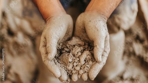 Close up of hands holding wet clay soil, showing texture and moisture in natural earth material. Concept of craftsmanship, pottery, agriculture, and raw organic resources in creative or industrial use