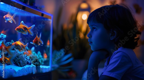 Child Watching Colorful Goldfish in an Aquarium Under Blue Lighting at Home