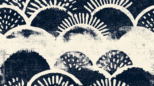 Japanese katazome style abstract block print pattern. Japanese katazome style block print pattern in navy on textured off-white background