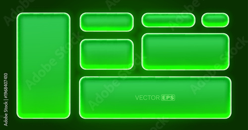 Set of glowing green neon frames and buttons.