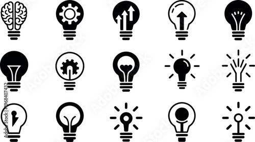 Collection of creative thinking and innovation icons with lightbulb symbols