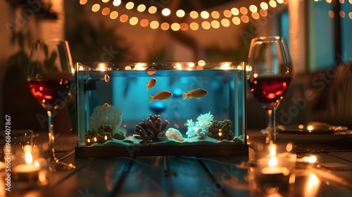 Romantic Dinner Setup With Glassware, Candlelight, And Autumn Leaves as Centerpiece