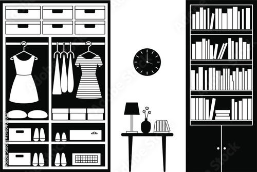 Modern room setup with closet storage and bookshelf in black and white style ideal for interior planning and lifestyle graphics