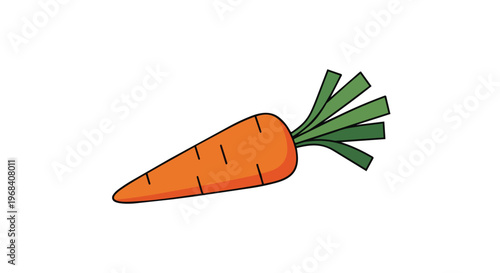 A vibrantly colored cartoon carrot with green leafy tops isolated on a pure white background, representing healthy eating and natural produce