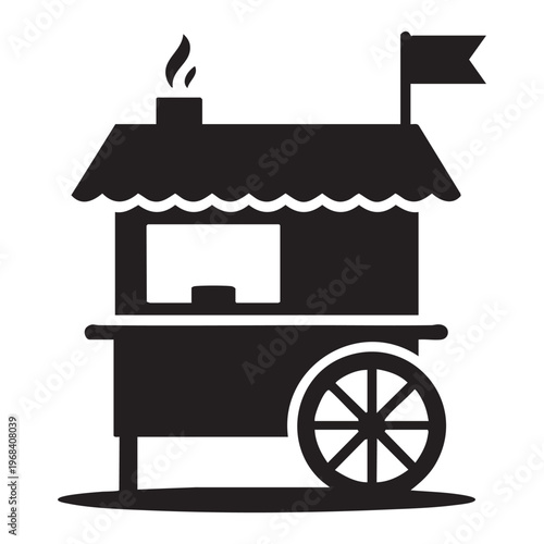 Black silhouette of a food stall with a single large wheel and a flag Keywords: food stall, vendor cart, street food, kiosk, mobile shop, wheeled