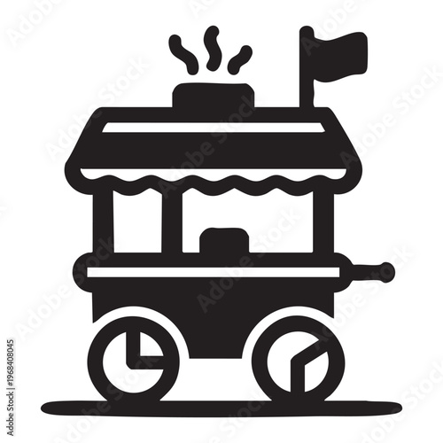 Black silhouette of a vintage food cart with a flag and steam Keywords: food cart, street food, vendor, cart, stall, kiosk, mobile, wheeled