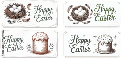 Vintage Happy Easter card set with nest eggs feathers and cake illustrations perfect for holiday greetings and festive design projects