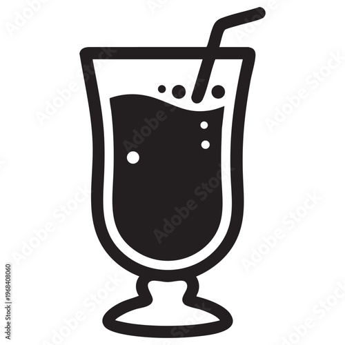 Black and white icon of a tall glass with a straw and bubbles filled with dark liquid