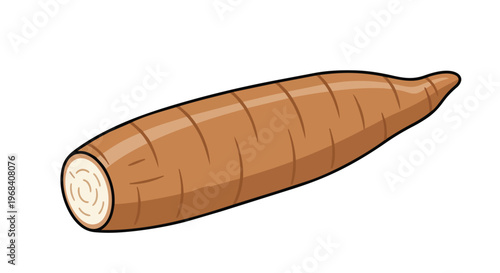 Isolated illustration of a single brown cassava root with a cut end displaying its starchy interior, presented on a white background