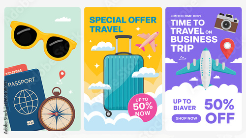 Travel banners with suitcases sunglasses passport and special offer discounts for business trips