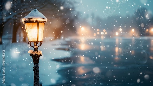 Warm Glow From Snow-Covered Lamp Post in Winter Night, City Lights Blur