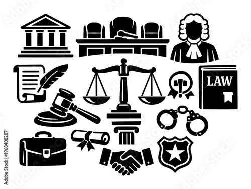 Monochrome icons depicting different elements of the legal system, such as a courthouse, judge, gavel, scales of justice, law book, handcuffs, and police badge