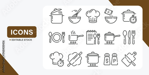 Cooking related line icon set. Pot, pan and kitchen utensils linear icons. Cooking recipe outline vector signs and symbols collection.