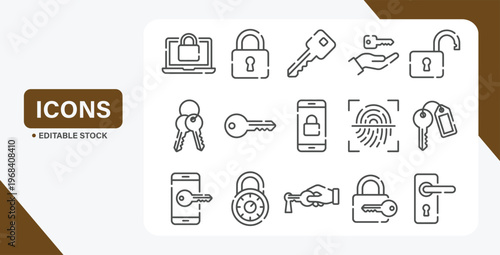 Key and lock line icons. Access, Password and Login vector linear icon set.