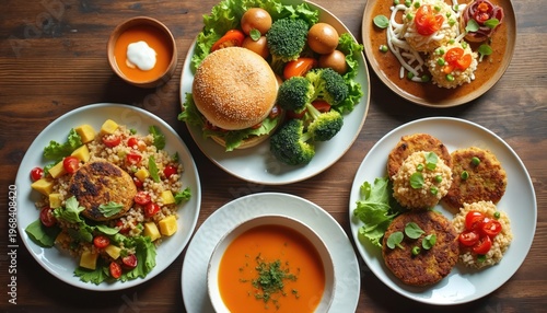 Five plates of colorful vegan meals including burgers, patties, soup, salads arranged on wooden table. Dishes feature fresh vegetables, grains, plant based patties. Healthy, delicious, varied plant