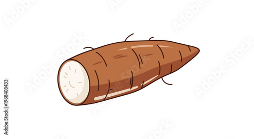 Isolated cartoon illustration of a healthy brown cassava root, a starchy tuber with fine rootlets and a white interior shown in cross-section