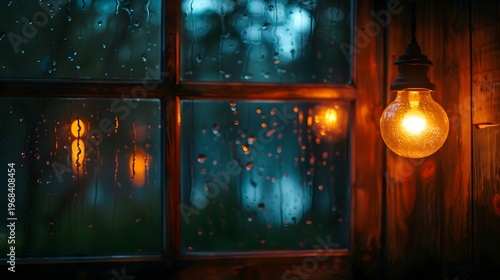 Warm Light Bulb Over Rainy Window Creates Cozy Night Atmosphere, Rustic Feel