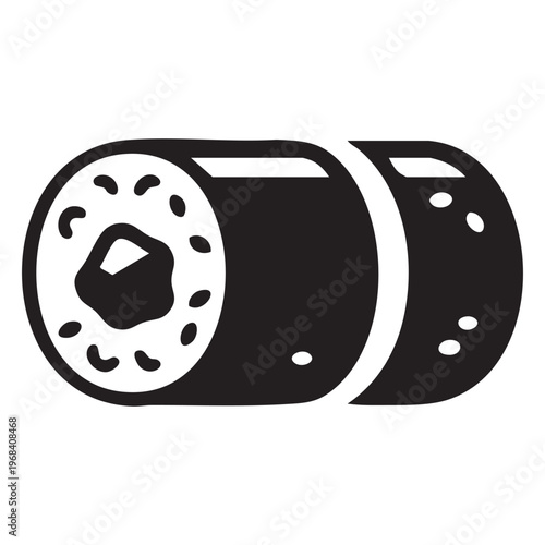 Black and white illustration of a sushi roll with visible rice grains and filling Keywords: sushi, roll, maki, nori, seaweed, rice, food, japanese
