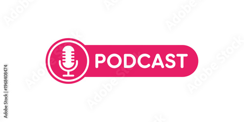 Pink podcast logo with microphone icon on white background