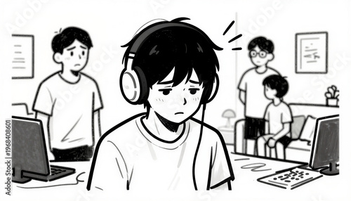 Teen ignoring parents, wearing headphones, doodle style illustration with clear black outlines on white background