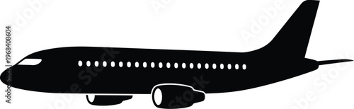 Black silhouette of a commercial airplane in flight mode vector graphic