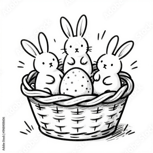 Easter basket with bunny rabbits in doodle style on white background