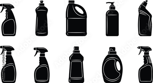 Black and white vector illustration of various cleaning product bottles and sprayers in a simple design