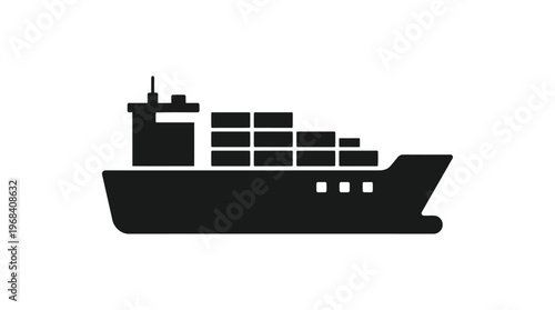 Black silhouette of a cargo ship with containers on deck sailing