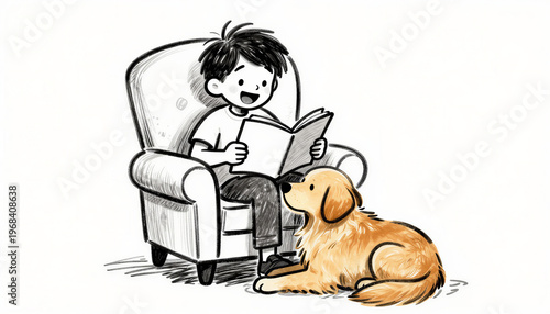 Boy reading aloud to dog in doodle style on white background