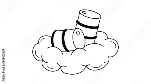 Vector graphic illustration of oil barrels emerging from a cloud