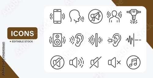 Noise and Sound pollution line icons. Loud sound and Echo vector linear icon set.