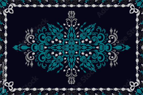 Vintage illustration showing a decorative lace frame with abstract floral patterns and intricate baroque spiral motifs, used to adorn textiles, rugs, coasters, and curtains.