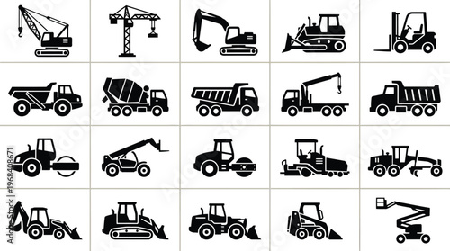 Construction vehicles and equipment vector illustration set for design