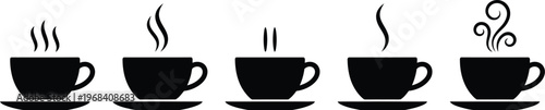 Five black silhouette coffee cups with steam rising on saucers