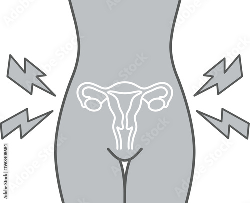 Vector graphic illustration of a woman's lower abdomen with a highlighted uterus and lightning bolts indicating pain