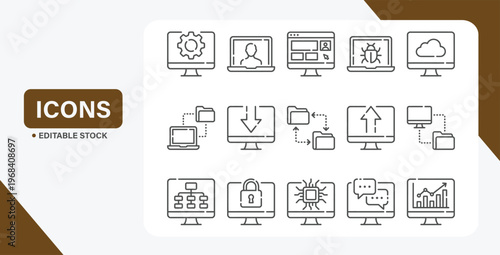 Computer technology related line icon set. Data transfer and computer options linear vector icon collection.