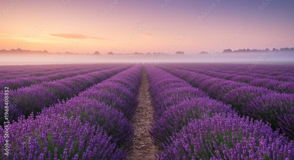 Fototapeta premium Lavender field blooms vibrantly at sunrise with rows of purple flowers and a dirt path leading to the horizon