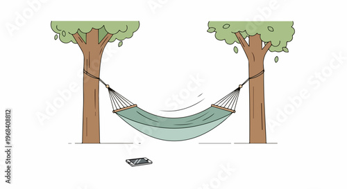 Empty hammock relaxation strung between two sturdy trees with a smartphone resting on ground, symbolizing leisure time. Hammock relaxation provides serene escape from daily hustle,