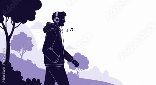 Person enjoying serene music walk, wearing headphones while strolling through peaceful park landscape. Relaxing music walk combines sound nature for ultimate tranquility. Concept health wellness,
