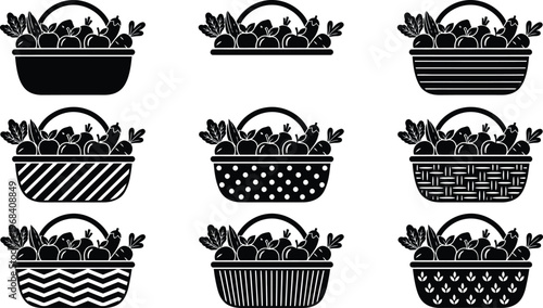 Vector graphic illustration of nine uniquely designed baskets filled with fresh vegetables and fruits in various patterns